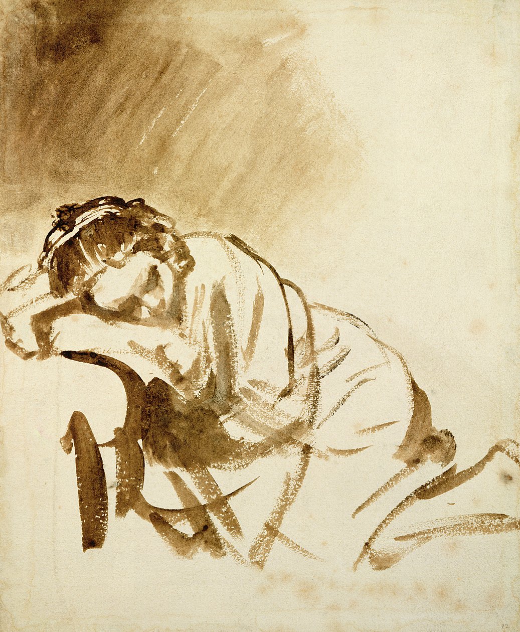睡觉的一个少妇（Hendrijke Stoffels）c.1654（在纸的刷子和棕色洗涤） 作者 伦勃朗·范·赖恩
