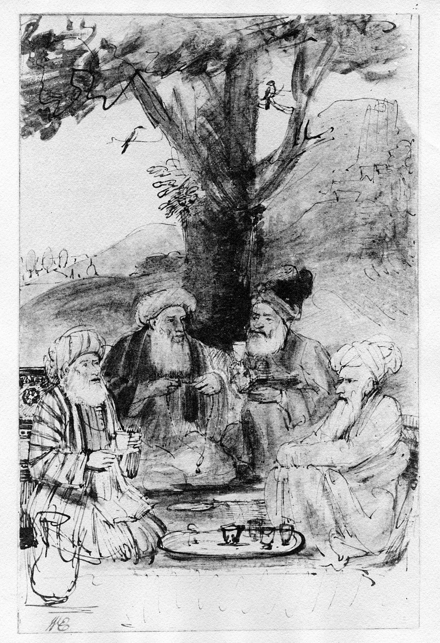 四个坐在树下的东方，c.1659（笔，墨水和纸上洗） 作者 伦勃朗·范·赖恩