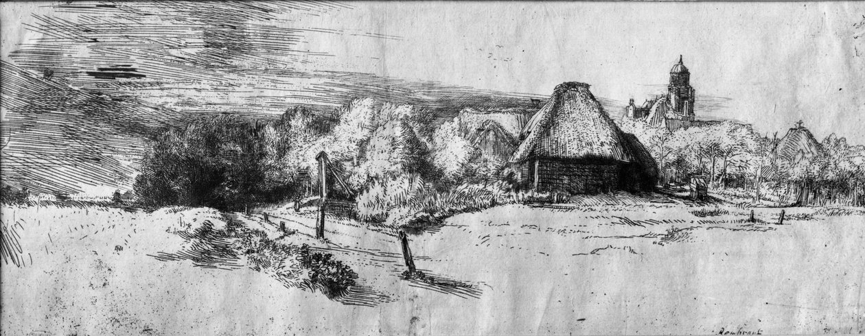 大型景观与塔，c.1650 作者 伦勃朗·范·赖恩