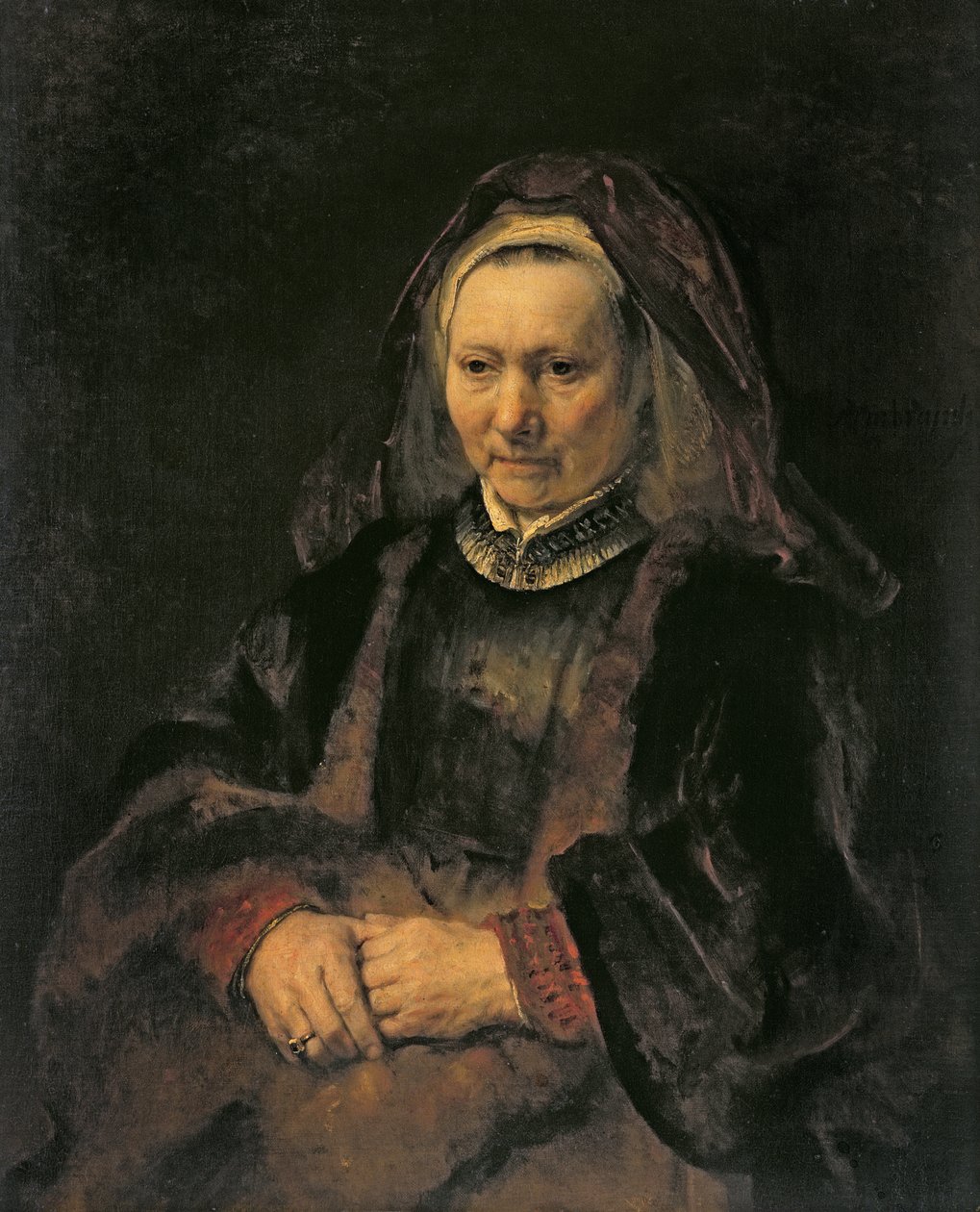 一名年长妇女的画象，c。 1650 作者 伦勃朗·范·赖恩
