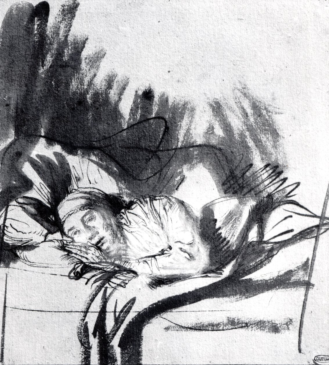 生病的女人在床上，也许萨斯基亚，画家的妻子，c.1640（笔和纸上的bistre） 作者 伦勃朗·范·赖恩