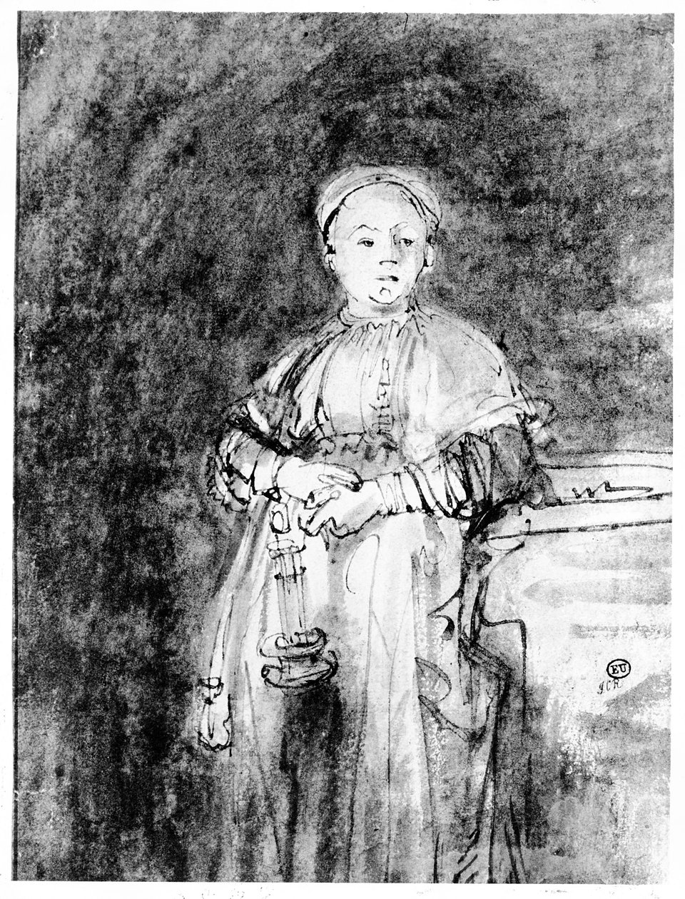 一支蜡烛的女人，c.1631（笔，墨水和纸上洗） 作者 伦勃朗·范·赖恩