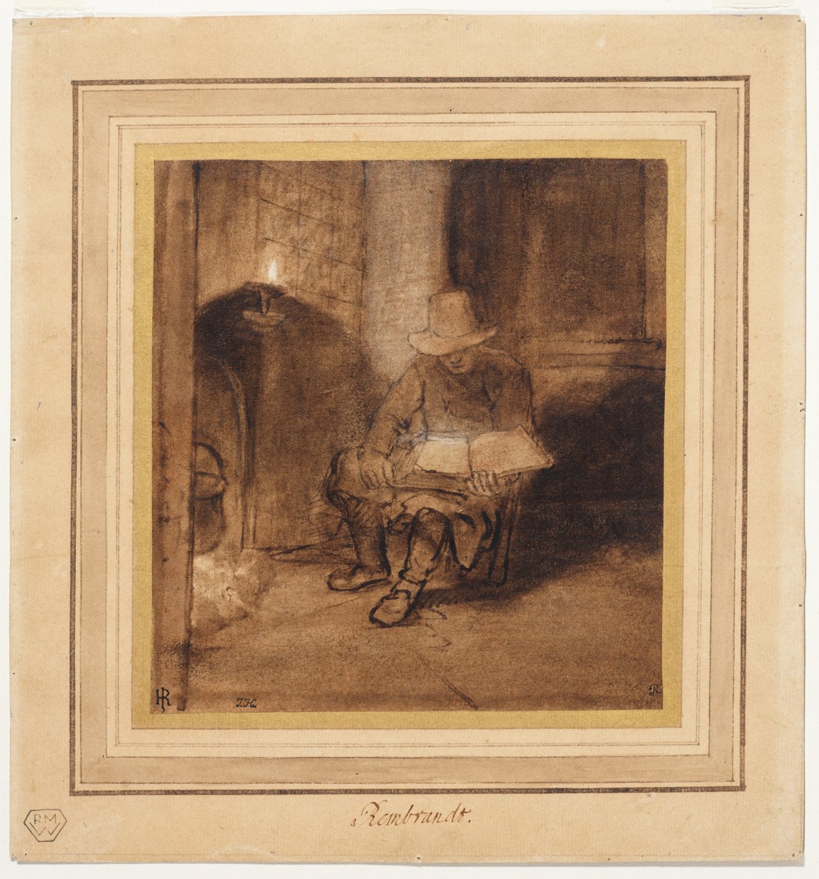 室内，一名男子坐在火炉旁，在灯光下阅读（右图） 作者 伦勃朗·哈门斯（Rembrandt Harmensz）。范里恩（的圈子）