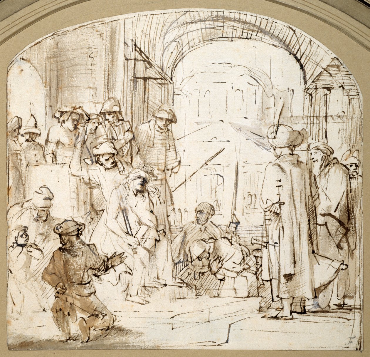 被嘲笑的基督（纸上水墨画笔）。 作者 伦勃朗·哈门斯（Rembrandt Harmensz）。范里恩（学校）