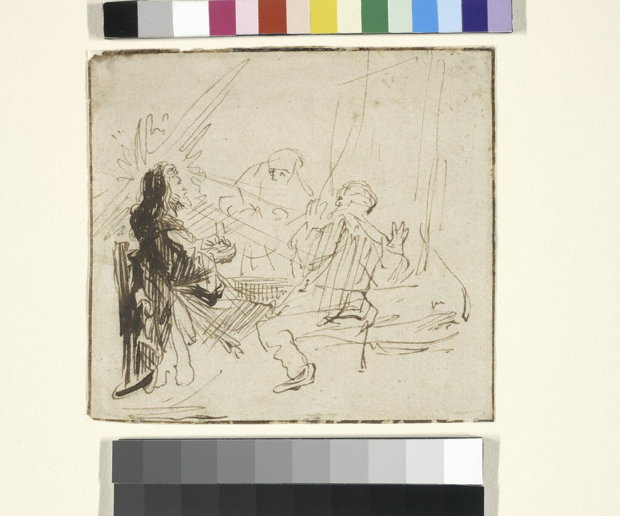 以马us斯的晚餐，约1630-33年（纸上墨水和粉笔） 作者 伦勃朗·哈门斯（Rembrandt Harmensz）。范里恩（学校）