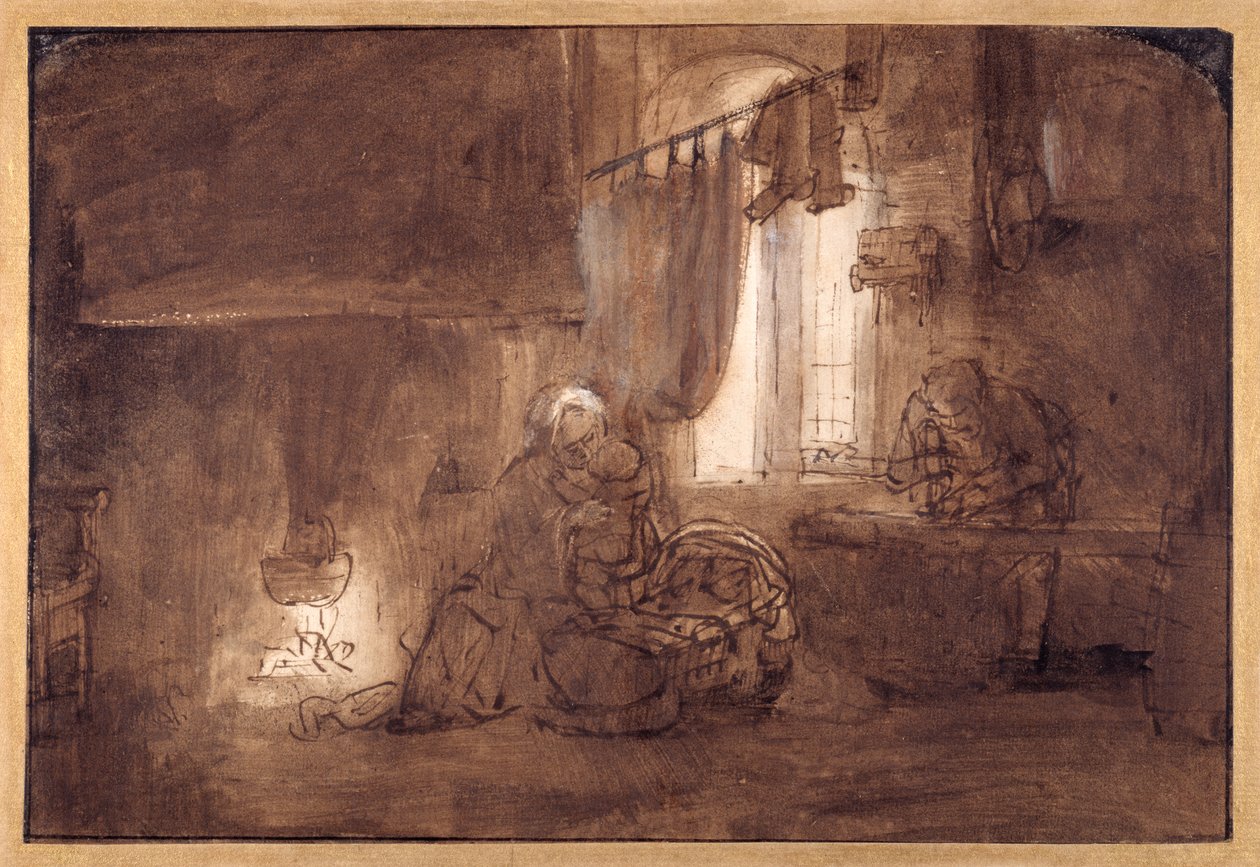 木匠店里的神圣家族（纸上水洗笔和墨水） 作者 伦勃朗·哈门斯（Rembrandt Harmensz）。范里恩（学校）