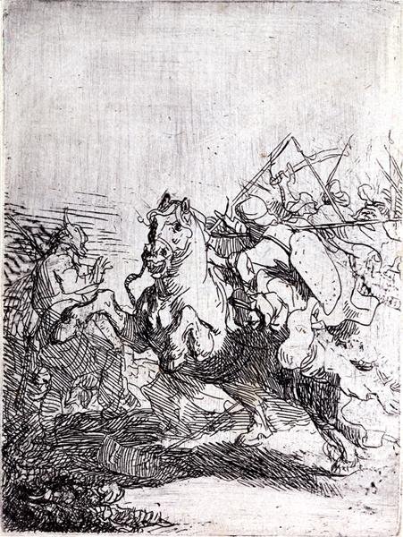 骑兵的战斗（纸上笔墨）。 作者 伦勃朗·哈门斯。范赖恩