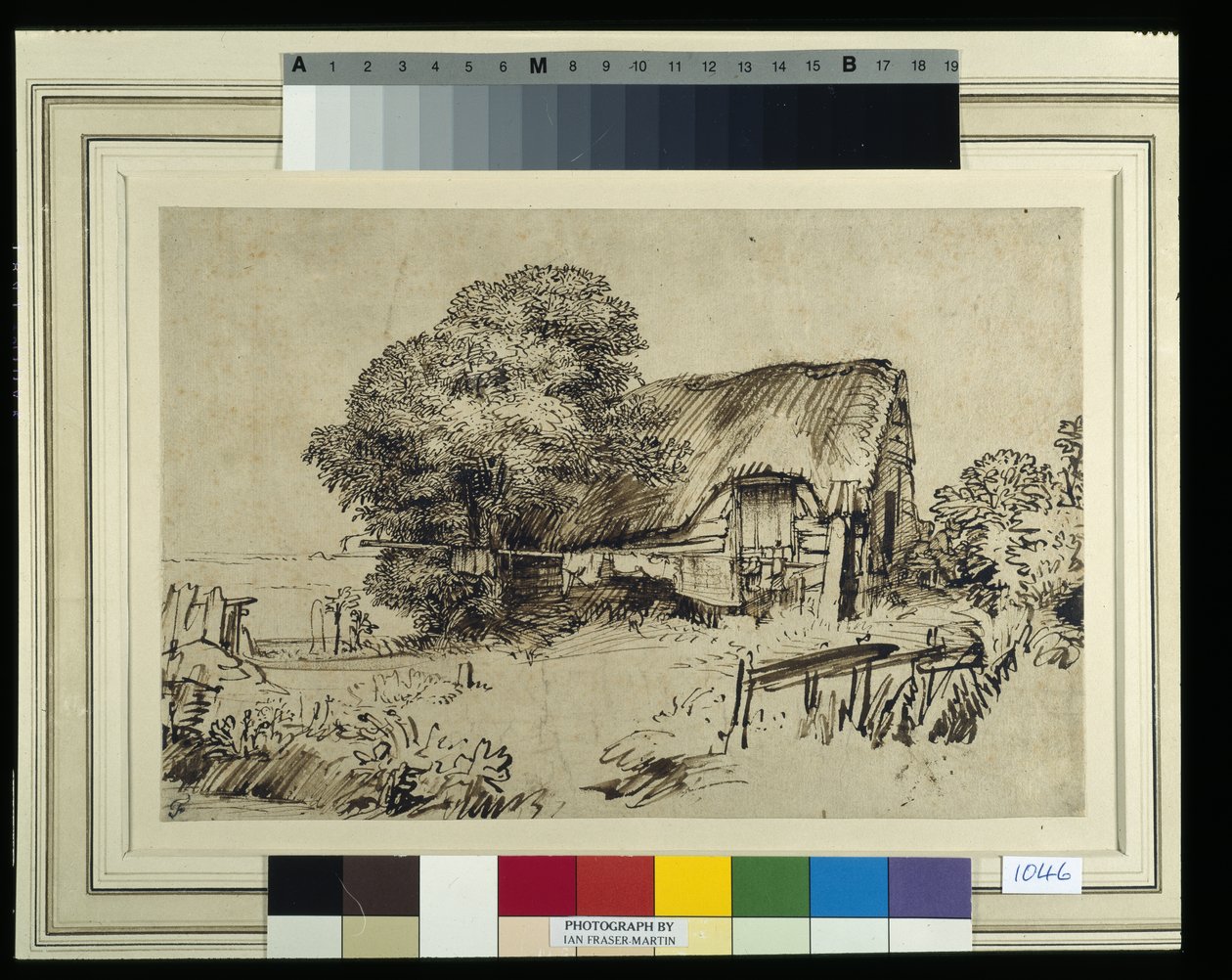 一棵大树旁的茅草屋，一个坐在外面的人物，c.1648-52（纸上笔墨） 作者 伦勃朗·哈门斯。范赖恩