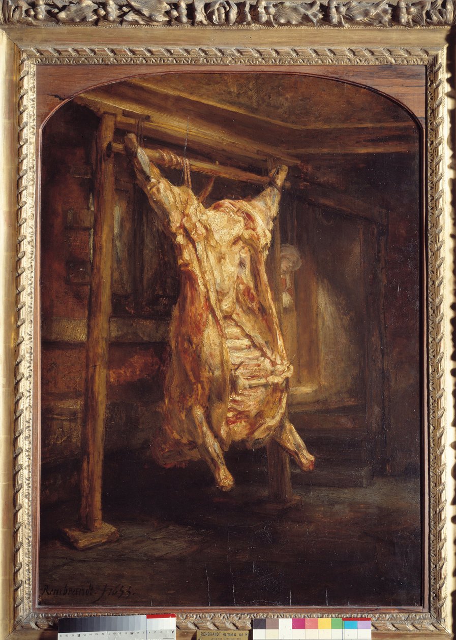 牛皮 牛胴体分开。 Harmensz Van Rijn Rembrandt (1606-1669) 的绘画 作者 伦勃朗·范·赖恩