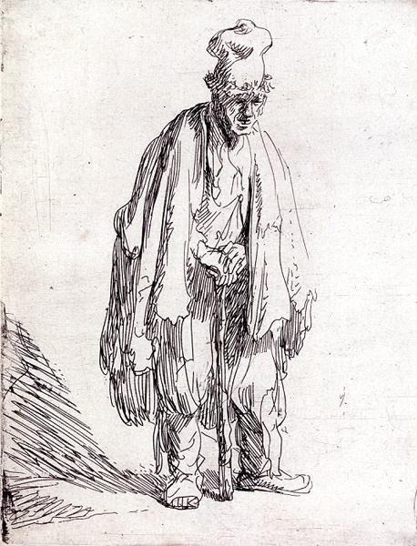 戴着高帽的乞丐（纸上笔墨）。 作者 伦勃朗·哈门斯。范赖恩