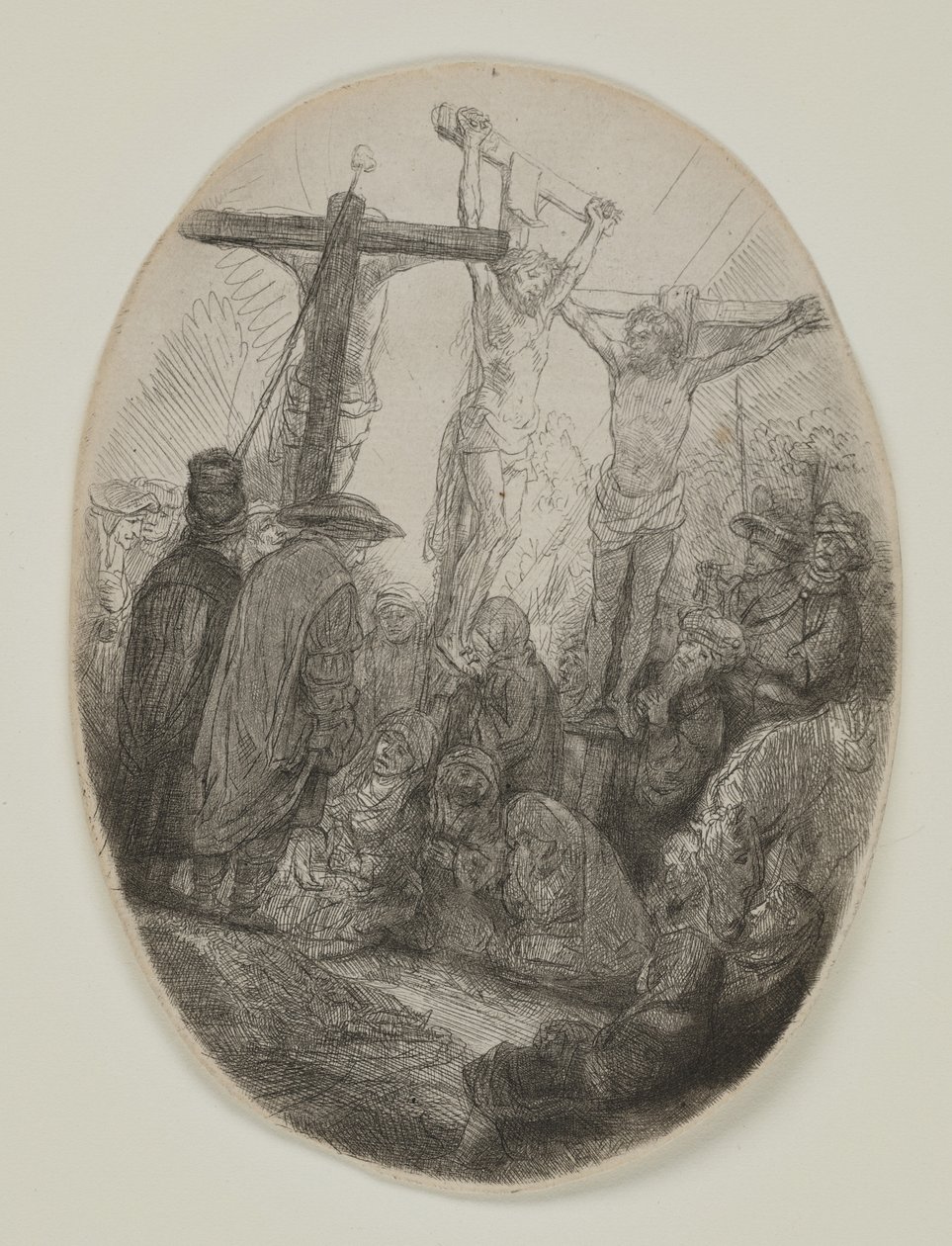 基督被钉死在两个小偷之间：椭圆形盘子，约1641年（蚀刻和干燥点） 作者 伦勃朗·范·赖恩