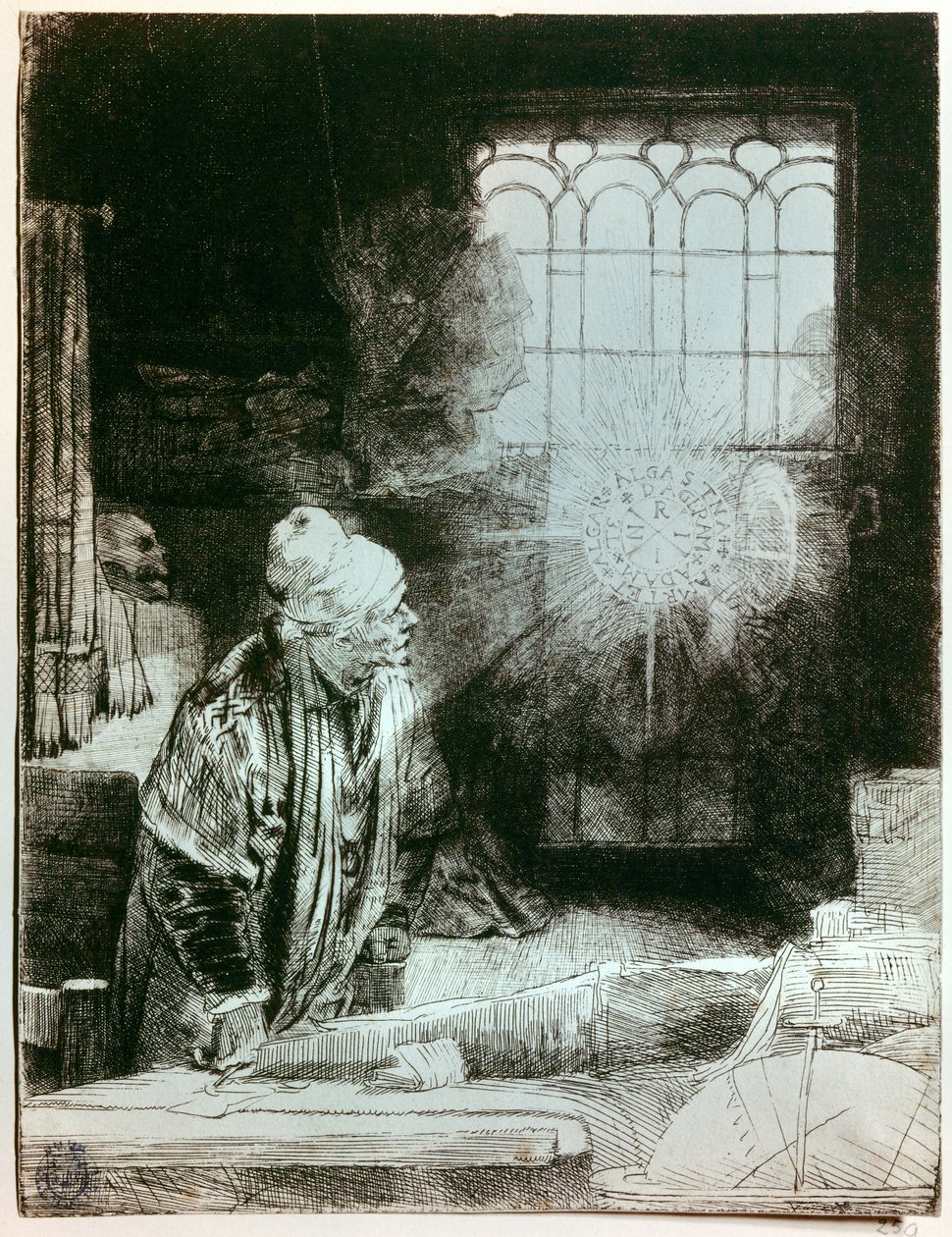 浮士德博士在他的工作室铜版画 伦勃朗 Harmensch van Rijn (1606 - 1669)。 出现在窗户前的发光圆盘复制了已发现的金属护身符的铭文，其难以捉摸的含义会让 Rembra 着迷 作者 伦勃朗·范·赖恩