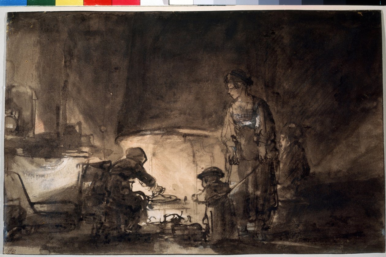 伦勃朗家的厨房》（La cuisine dans la maison de Rembrandt）。Dessin de Harmenszoon van Rijn dit Rembrandt（1606-1669 年） 作者 伦勃朗·哈门斯。范赖恩
