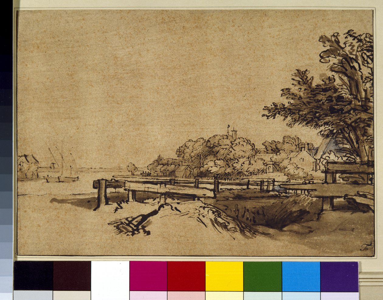 风景，约 1650 年（纸上笔墨和水洗） 作者 伦勃朗·哈门斯。范赖恩