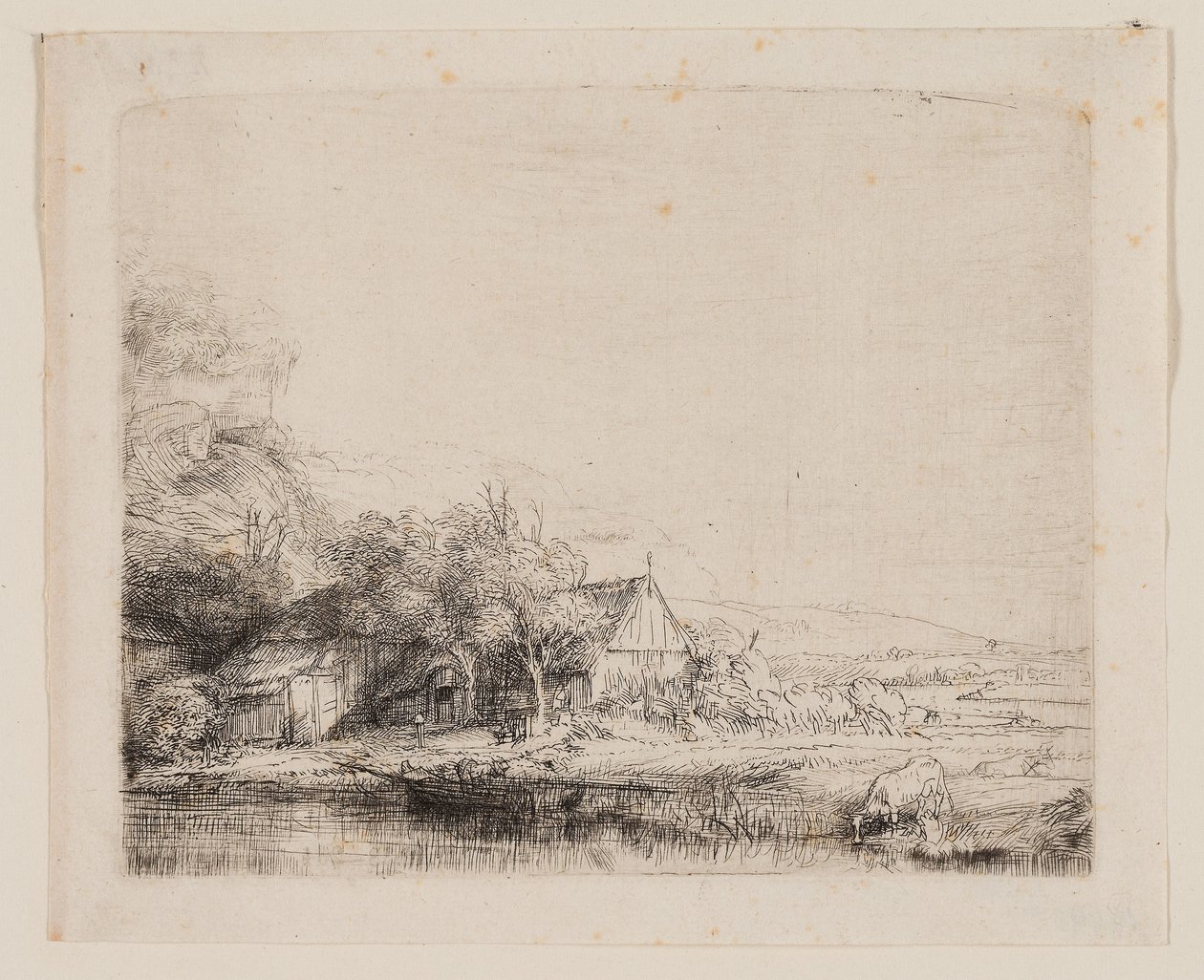 有牛喝水的风景，c.1650（象牙色纸上的蚀刻和干画） 作者 伦勃朗·哈门斯。范赖恩