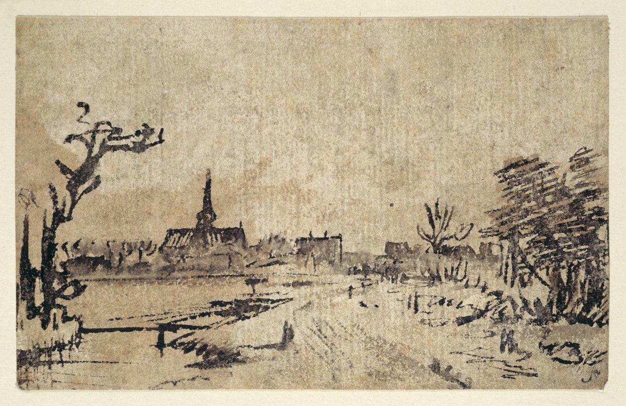 水景，背景是阿姆斯特尔芬村，约 1654-55 年（用棕色水洗的钢笔和墨水） 作者 伦勃朗·哈门斯。范赖恩