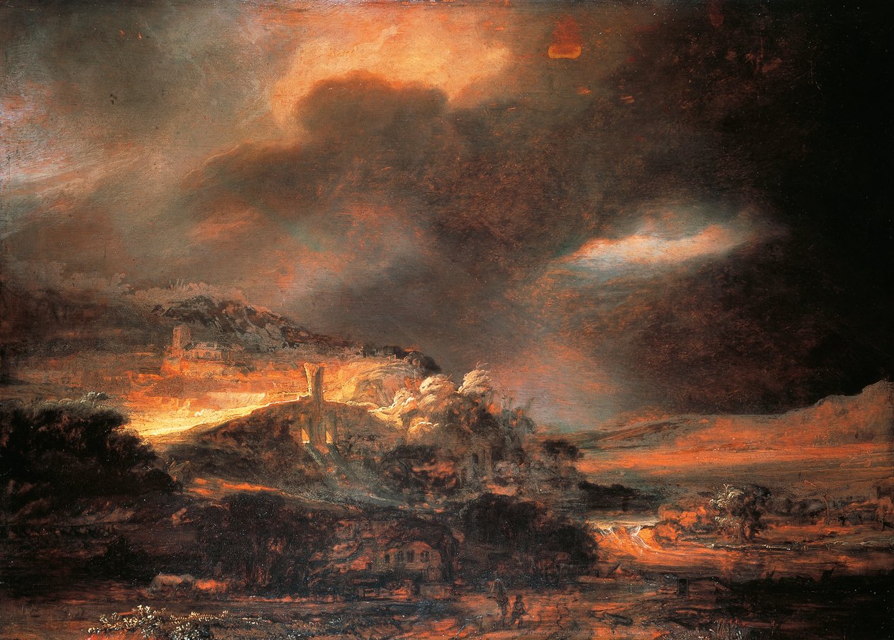暴风雨景观，c.1637/38（面板上的油） 作者 伦勃朗·哈门斯。范赖恩