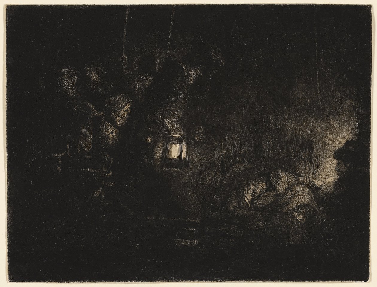 牧羊人的崇拜》：夜景作品，约 1657 年（象牙白板纸上的黑色蚀刻版画、干点画和錾刻版画） 作者 伦勃朗·哈门斯。范赖恩