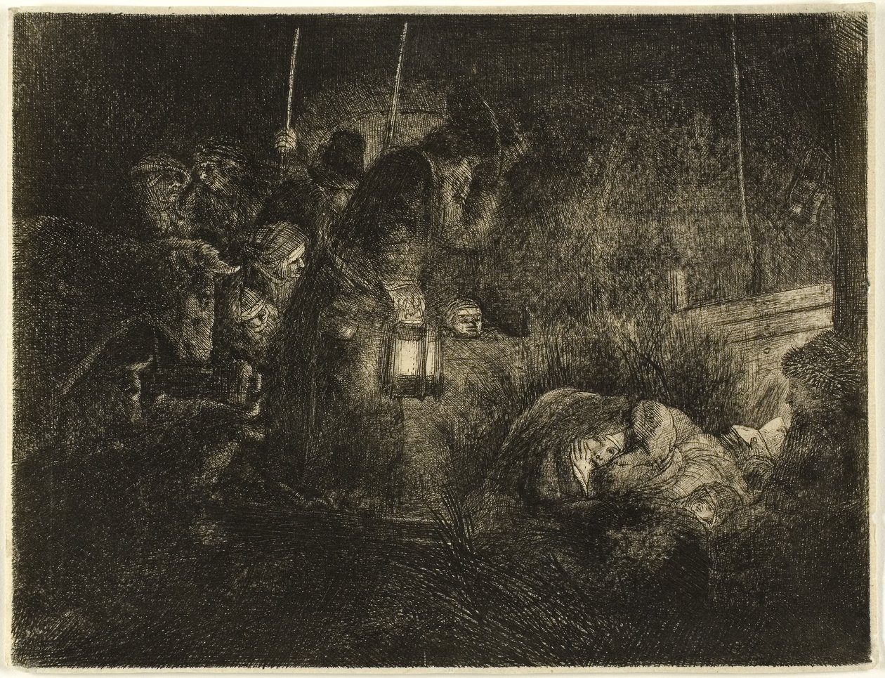 《牧羊人的崇拜：夜曲》，c.1657（纸上蚀刻） 作者 伦勃朗·哈门斯。范赖恩