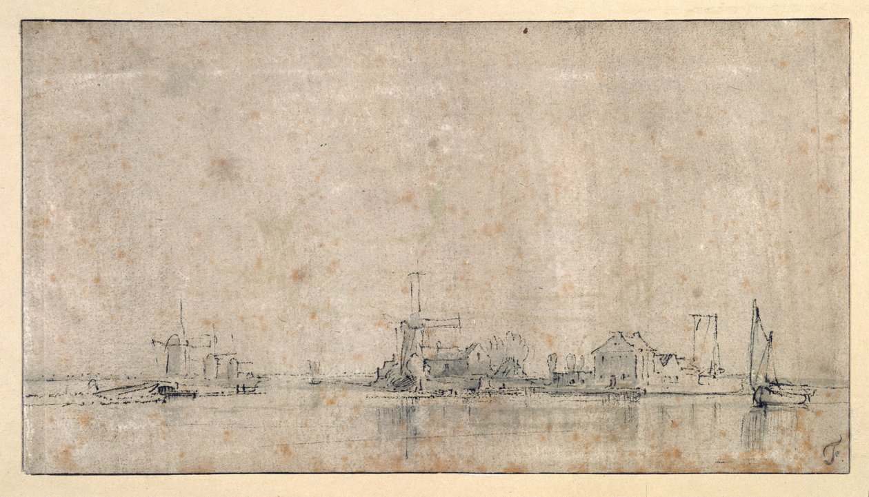阿姆斯特尔河在奥姆瓦尔，约1650-53（纸上水墨笔）。 作者 伦勃朗·哈门斯。范赖恩