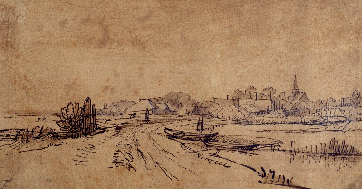 斯洛腾的景色，约1650年（纸上笔墨加棕色水墨）。 作者 伦勃朗·哈门斯。范赖恩