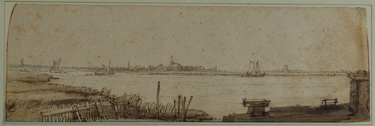 从 Diemerdijk 看 IJ 河，约 1650 年（纸上用棕色水洗和白色体色的钢笔和墨水） 作者 伦勃朗·哈门斯。范赖恩