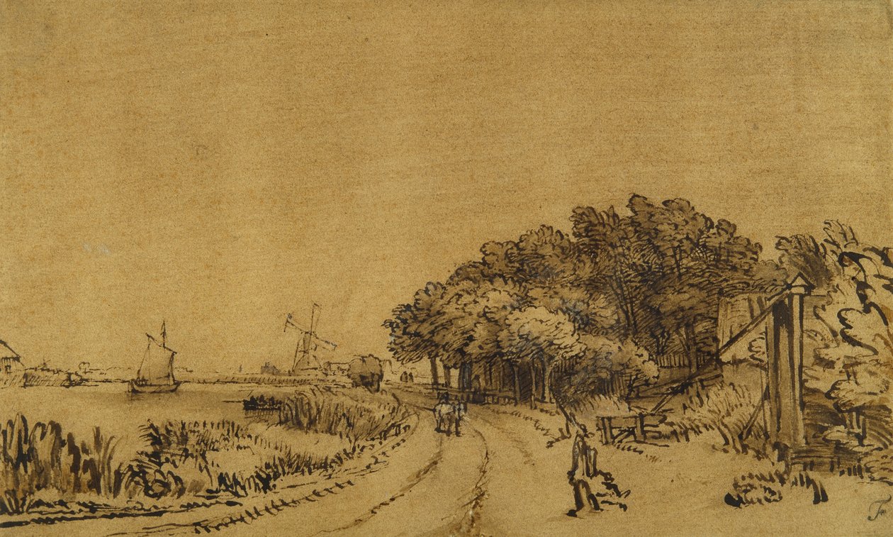 Amstel 上的景色：Amsteldijk 通往 Trompenburg 的道路，约 1649-50 年（纸上笔墨，棕色水洗和白色体色） 作者 伦勃朗·哈门斯。范赖恩