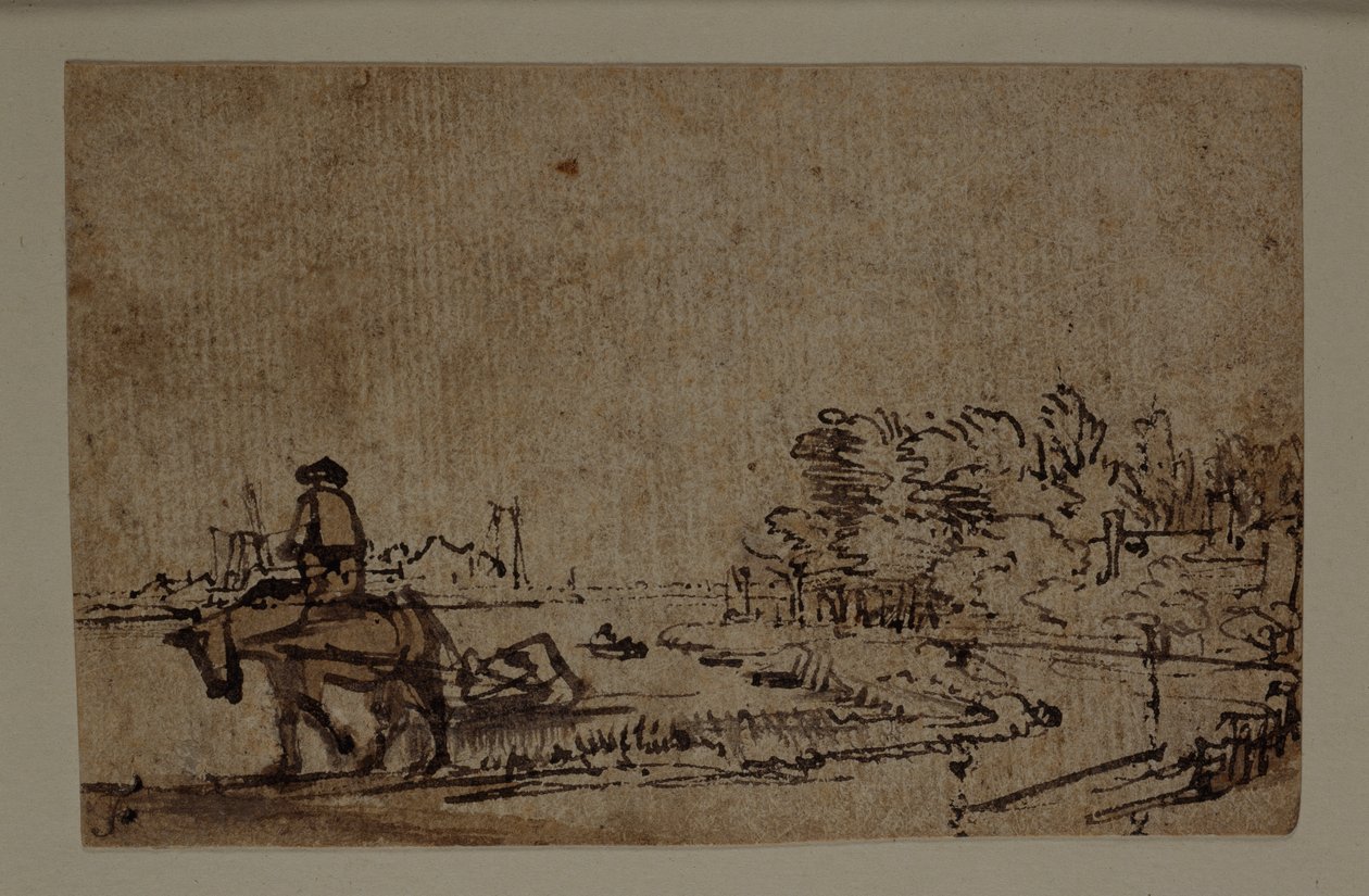阿姆斯特尔河上的景色，一匹马拖着一艘驳船，约1650年（纸上笔墨加棕色水墨）。 作者 伦勃朗·哈门斯。范赖恩