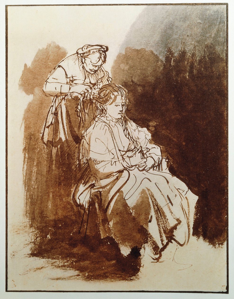 在她的厕所的年轻女人。 老处女的头发。 （水墨画，约 1635 年） 作者 伦勃朗·范·赖恩