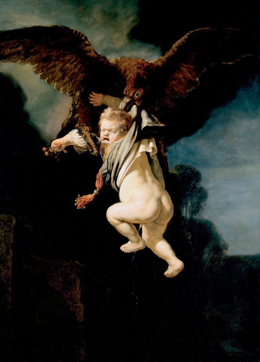 ""The Abduction of Ganymede"（木卫三的绑架）当他在 Troades 的 Ida 山放牧他的羊群时，宙斯将自己变成了一只鹰，绑架他成为他的情人，以及伦勃朗范画的众神之歌莱因 (1606-1669) 16 作者 伦勃朗·范·赖恩