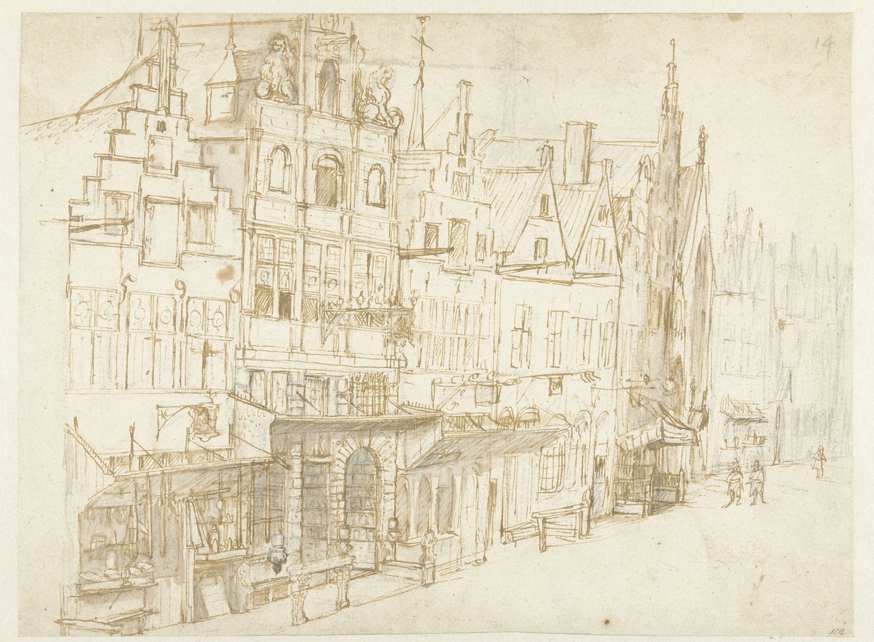 城镇一排房屋的景观 作者 Rembrandt van Rijn (学校)