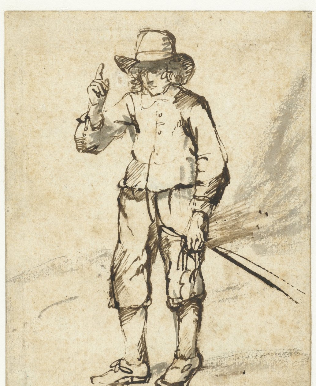 手持鞭子举起右手的站立男孩 作者 Rembrandt van Rijn (学校)