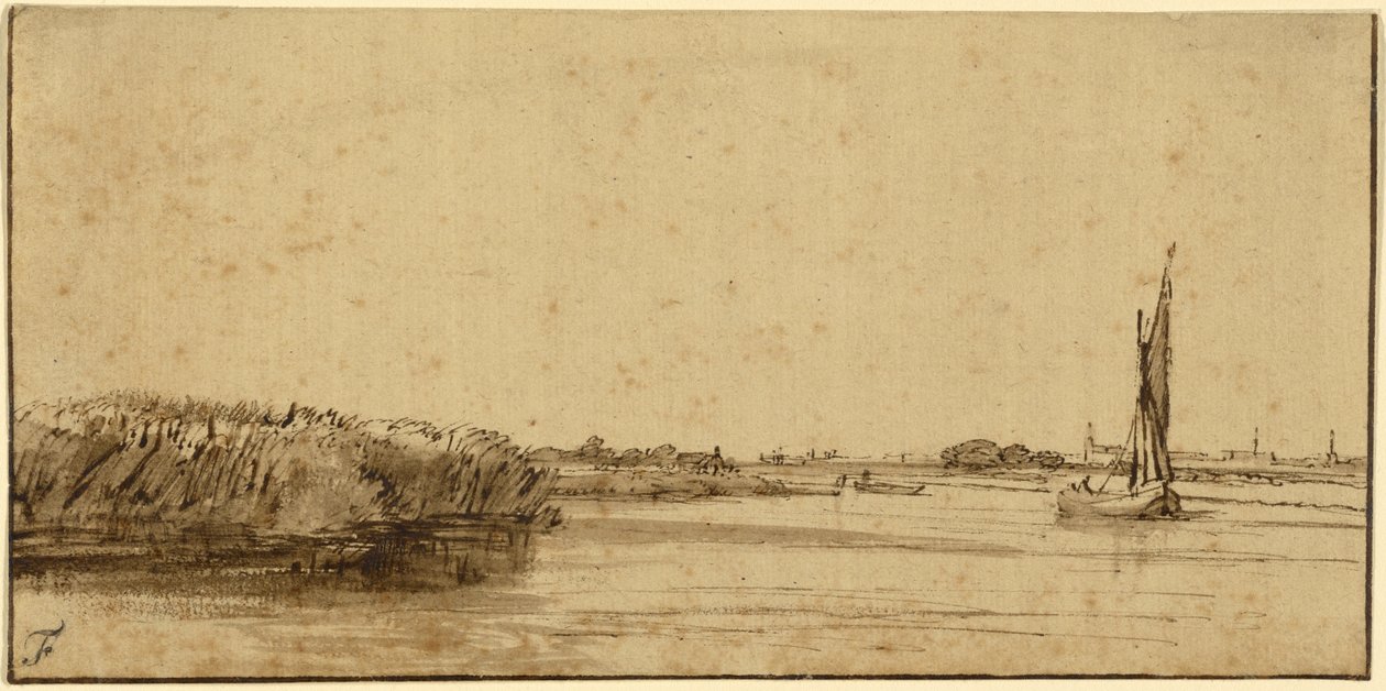 广泛的水上帆船，c.1650（笔和棕色墨水和棕色水洗，在有色纸上） 作者 伦勃朗·范·赖恩