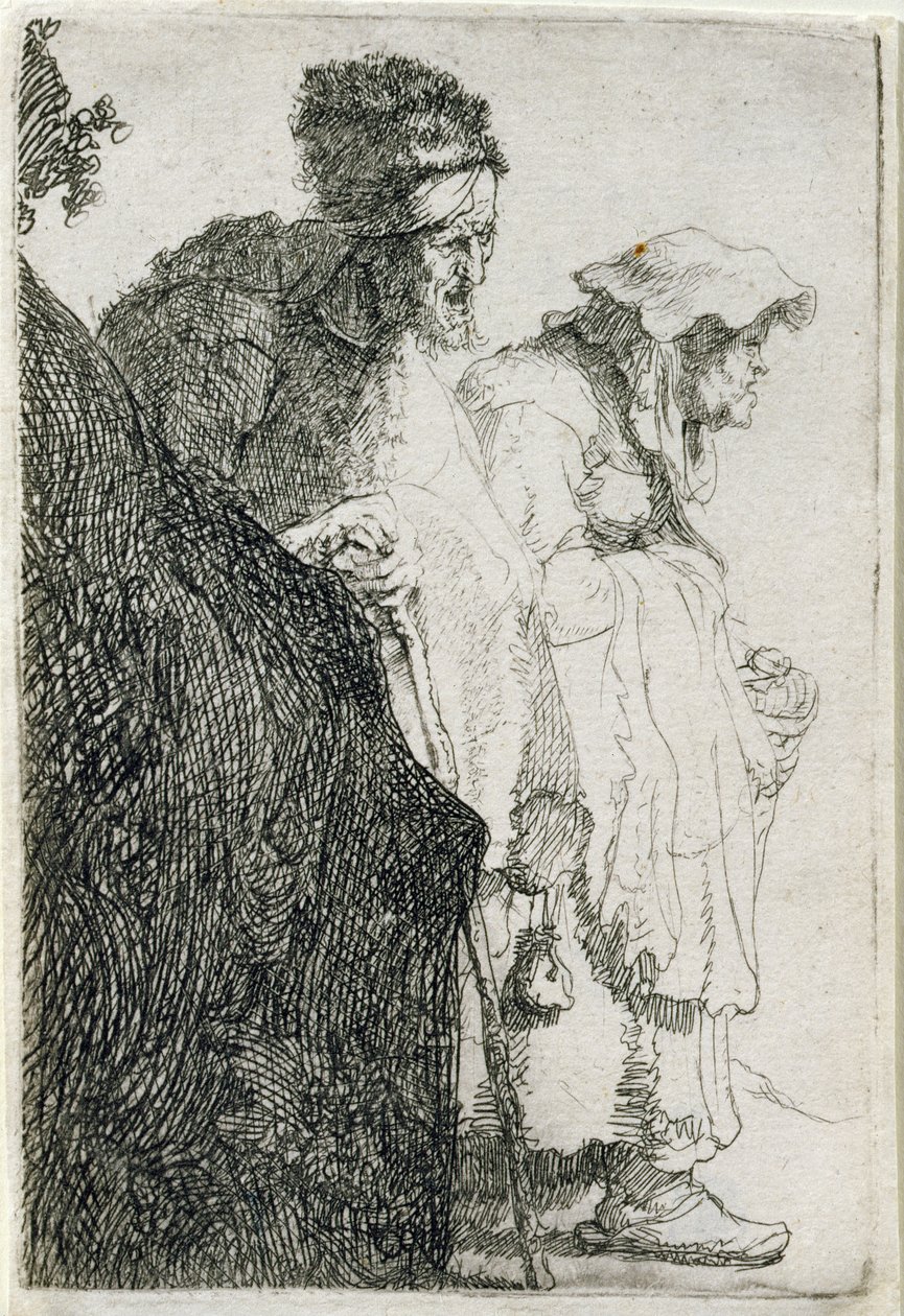 乞丐男人和女人在银行后面，c.1630 作者 伦勃朗·范·赖恩