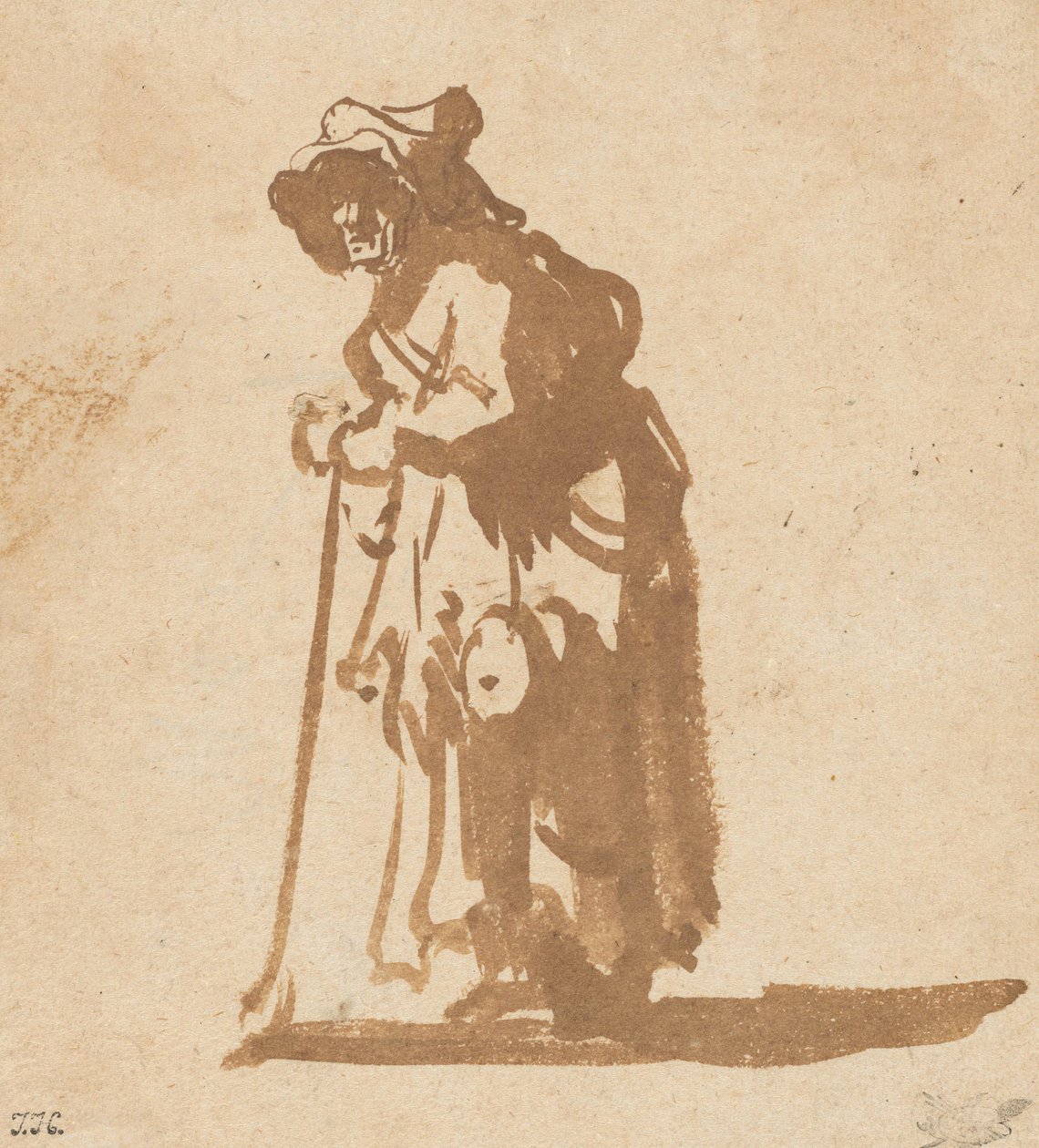 拄着棍子的乞丐妇女，16281630。 作者 伦勃朗·范·赖恩