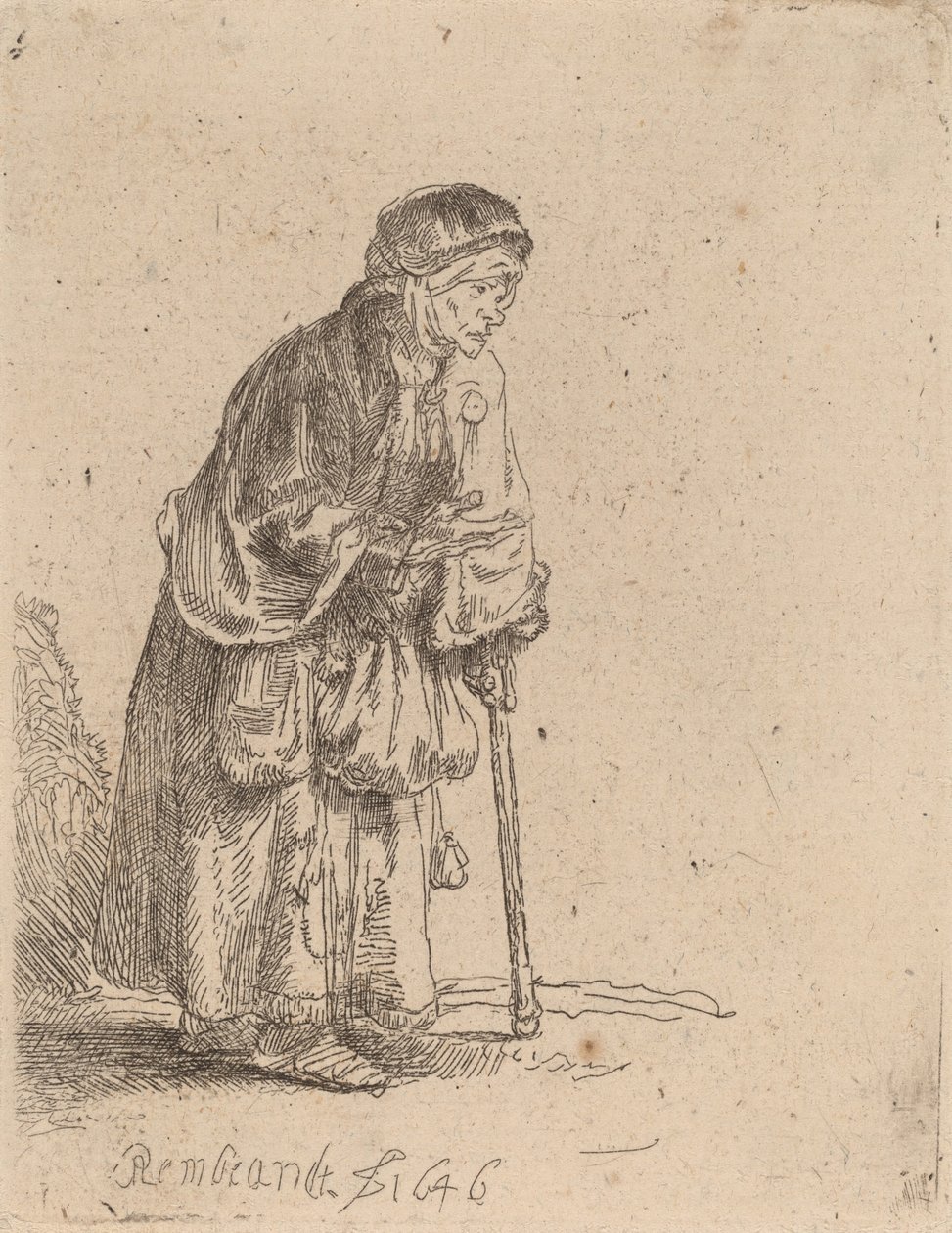 拄着棍子的乞丐妇女，1646年。 作者 伦勃朗·范·赖恩