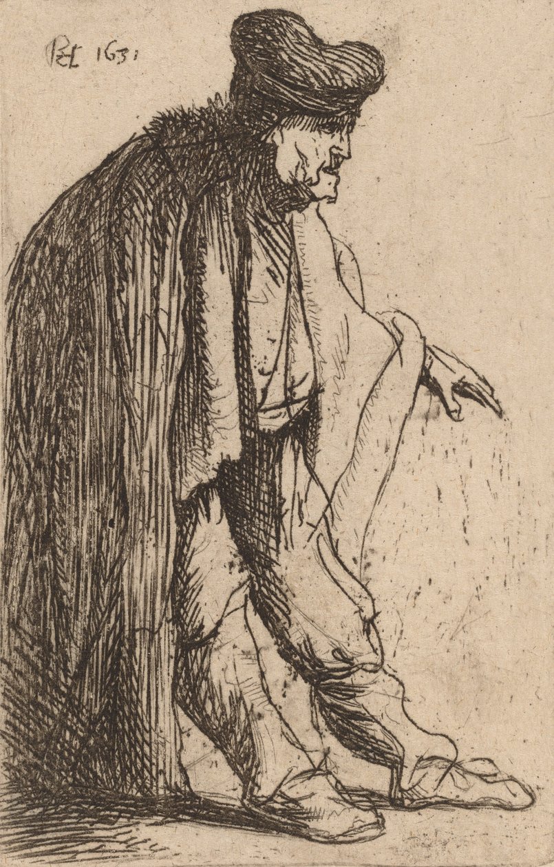 伸出左手的乞丐，1631年。 作者 伦勃朗·范·赖恩