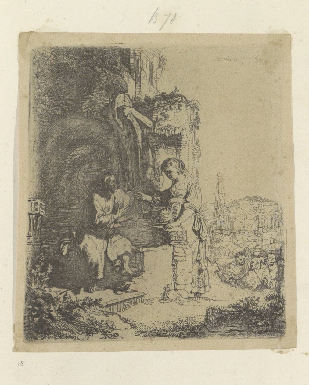 基督与撒玛利亚妇人：背景为废墟
Recueil de quatre-vingt-cinq estampes originales（系列标题） 作者 伦勃朗·范·赖恩