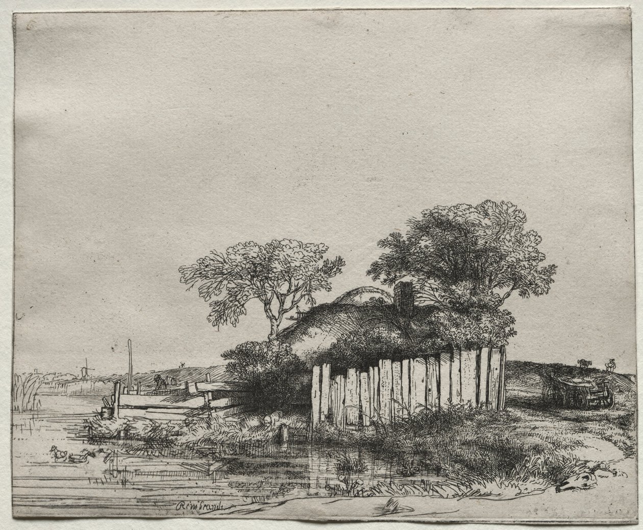 带白色托盘的小屋，1648年。 作者 伦勃朗·范·赖恩