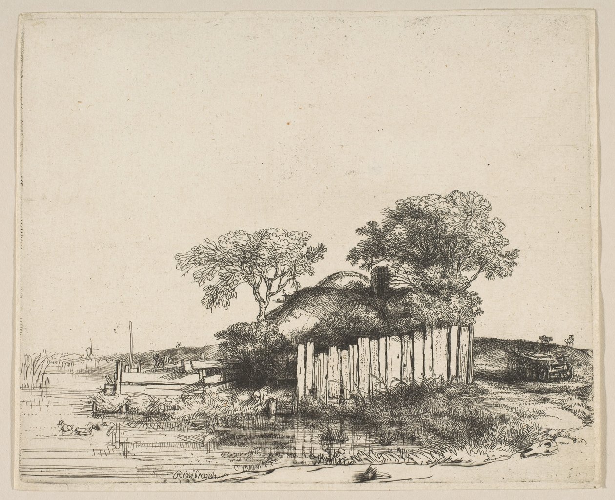 带白色托盘的小屋，1648年。 作者 伦勃朗·范·赖恩