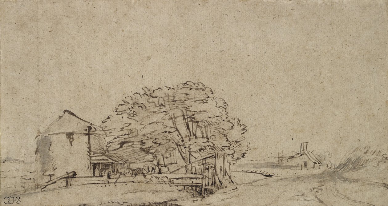 农场建筑旁边一条道路与遥远的农庄，1650-69（笔和棕色墨水与灰色洗在纸上） 作者 伦勃朗·范·赖恩