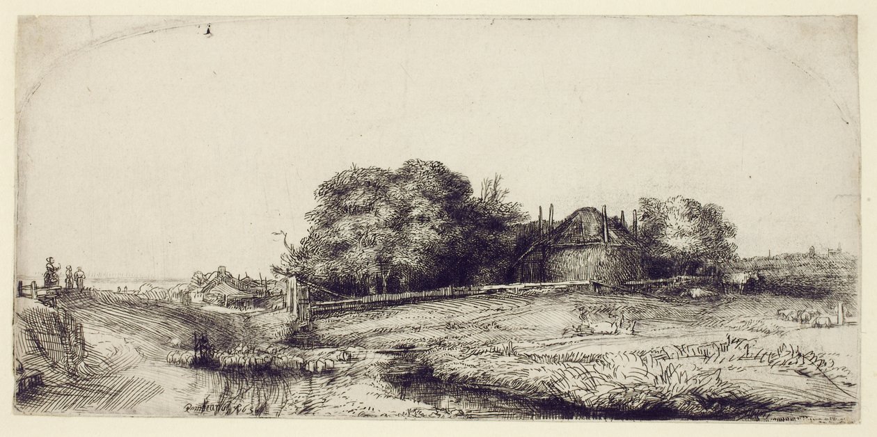 与Haybarn和一群羊一起景观，c.1652（在纸上蚀刻和干点） 作者 伦勃朗·范·赖恩