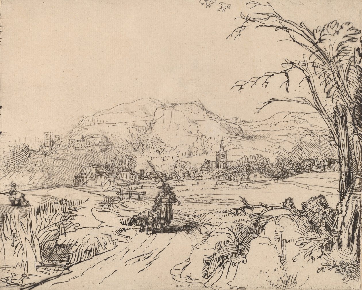 有运动员和狗的风景，约1653年。 作者 伦勃朗·范·赖恩