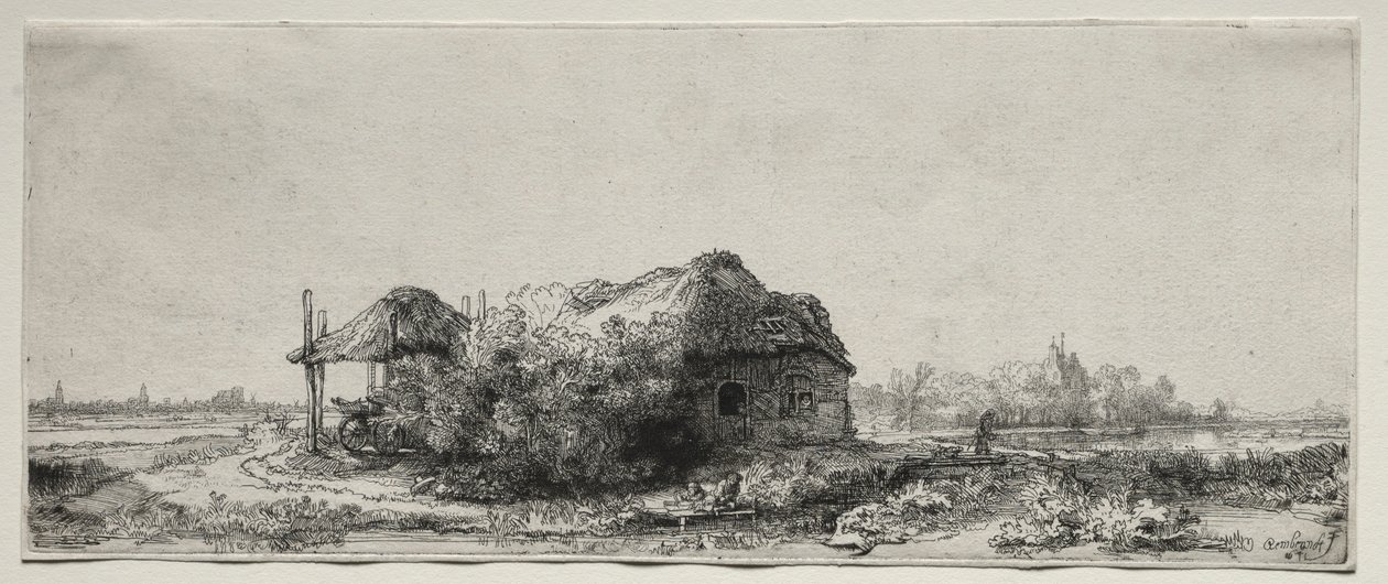 带小屋和干草谷仓的风景：长方形，1641年。 作者 伦勃朗·范·赖恩