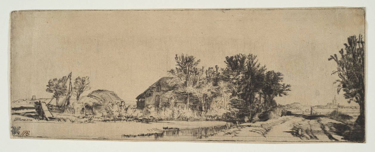 沿运河旁的一条农舍景观，ca。 1652。 作者 伦勃朗·范·赖恩