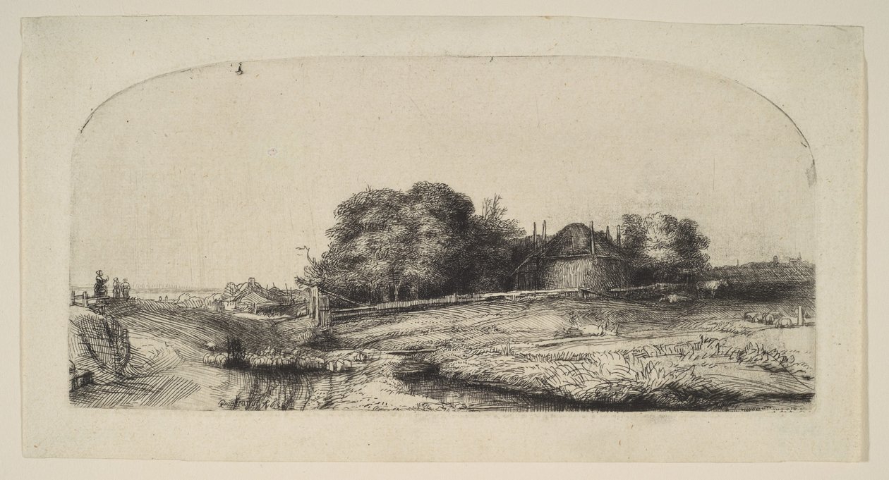 与干草谷仓和一群羊一起风景，1652年。 作者 伦勃朗·范·赖恩