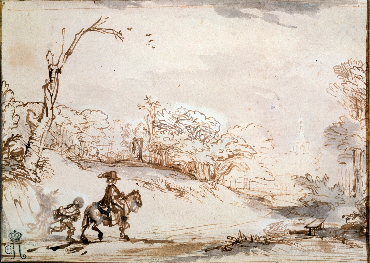 与骑兵的风景，1648年至1650年。 作者 伦勃朗·范·赖恩