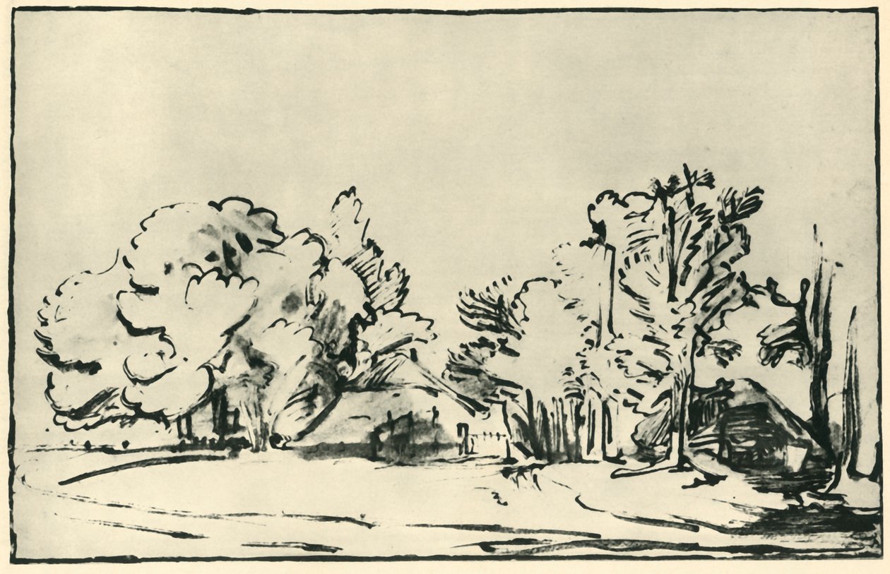 有两座小屋的景观，c1650-1655，1943年。 作者 伦勃朗·范·赖恩