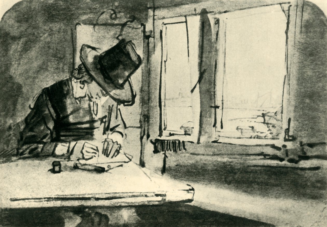 1943年，十七世纪中叶，在窗户上的人画。 作者 伦勃朗·范·赖恩