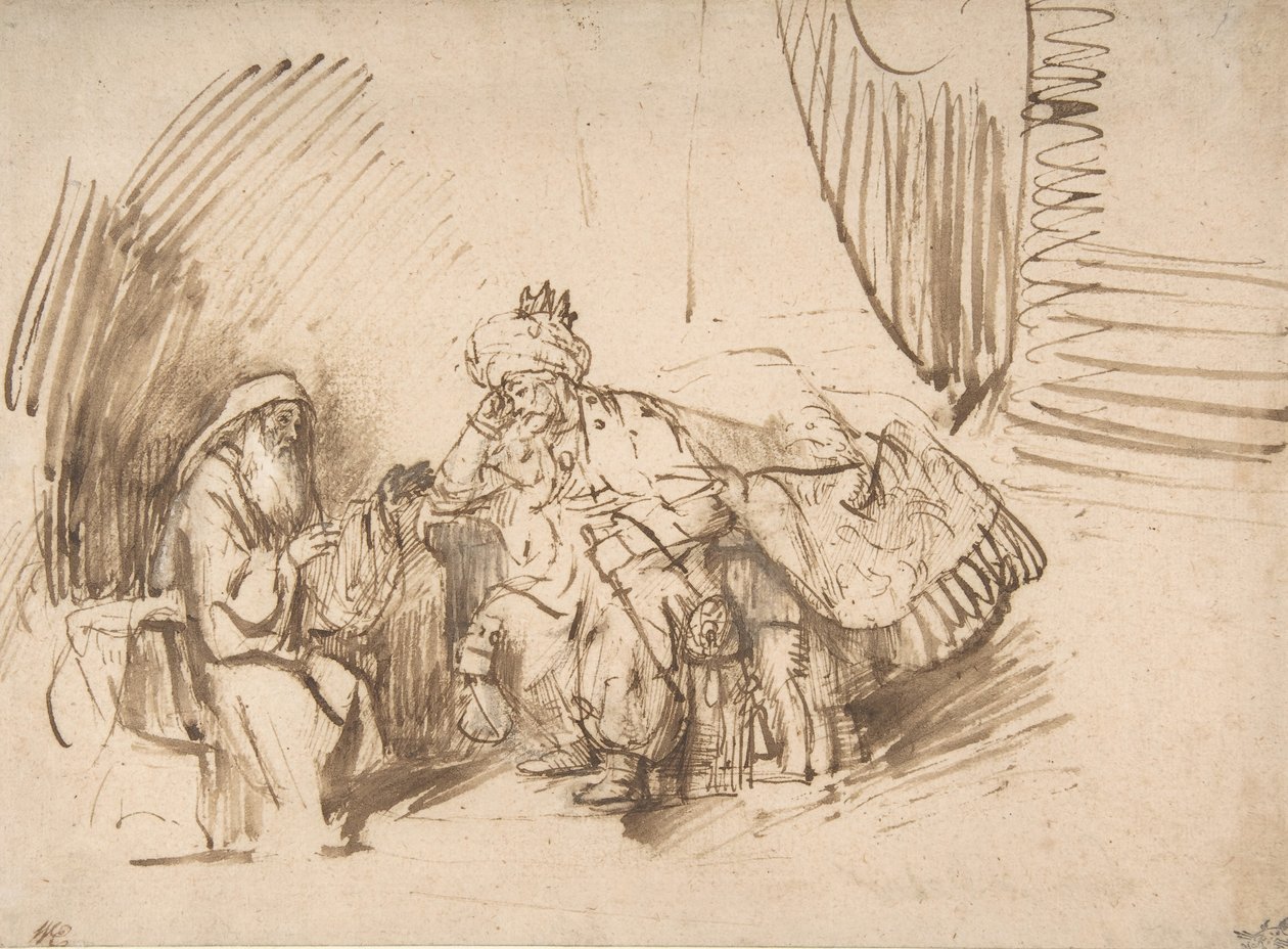 拿单告诫大卫，1650-55。 作者 伦勃朗·范·赖恩